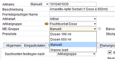 Auswahl der ME-Gruppe in SAP Business One